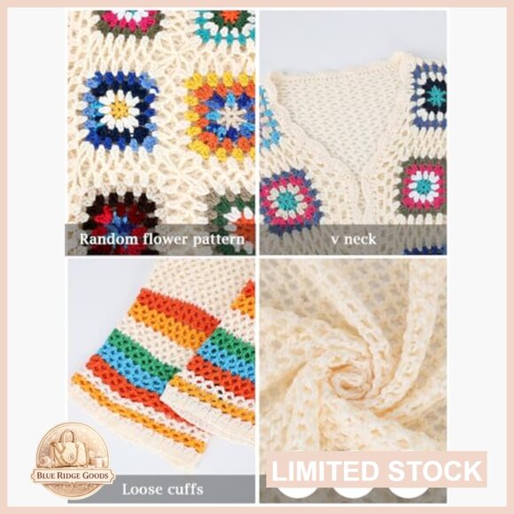 Crochet Cardigan Boho Loose Fit Open Front Sweater Recycled Material - Picture 4 of 7